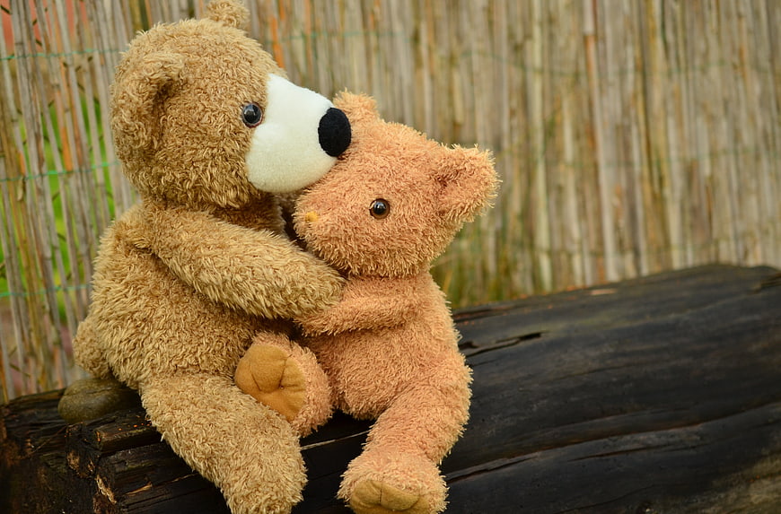 Two teddy bears hugging on a wooden log outdoors