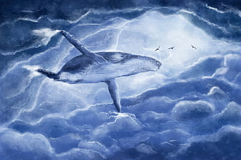 Fantasy Humpback Whale Flying Through Blue Clouds