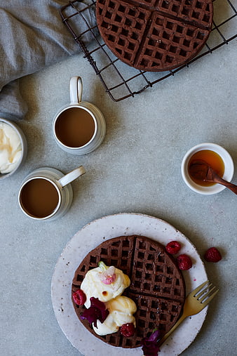 Flat Lay of Chocolate Waffles with Coffee and Raspberries