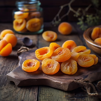 Dried Apricots on Rustic Wooden Board with Fresh Fruit