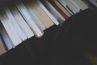 Close-up of book spines on a shelf with dark background