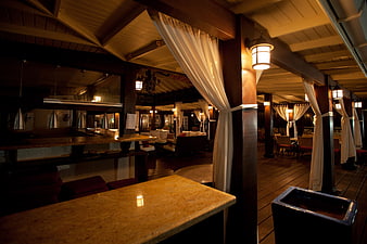 Luxury Resort Restaurant Interior With Warm Evening Lighting
