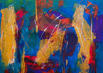 Abstract Acrylic Painting with Vibrant Yellow, Blue, and Red Textures