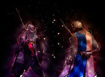 Two Medieval Knights Confronting Each Other in Dark Fantasy Battle Scene