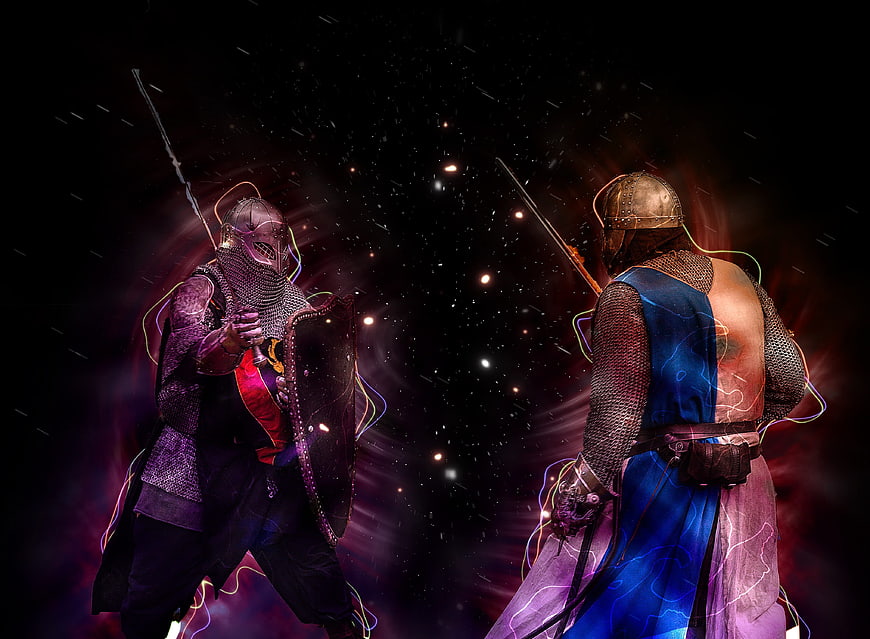 Two Medieval Knights Confronting Each Other in Dark Fantasy Battle Scene