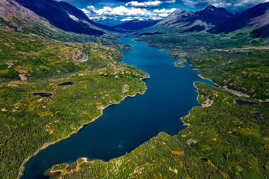 Aerial View of Serene Mountain Lake and Forest