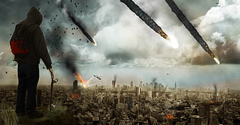 Apocalyptic city destruction with meteors and lone survivor
