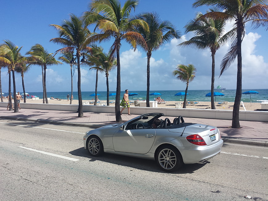Silver convertible car parked on Miami beach road with palm trees