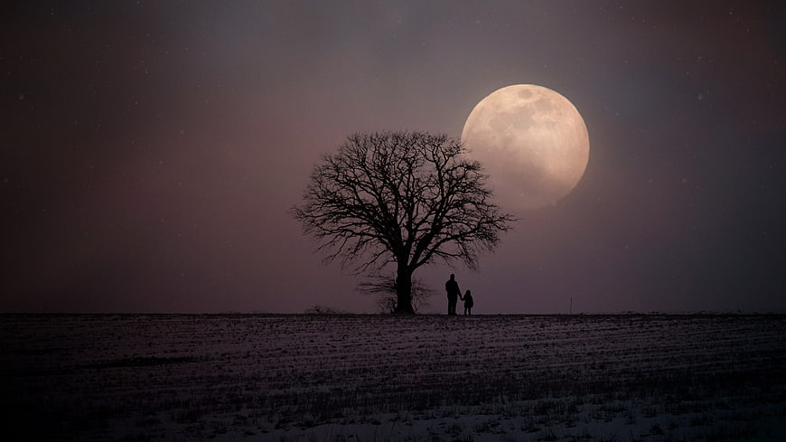 Silhouette of Father and Child Under Giant Moon in Winter