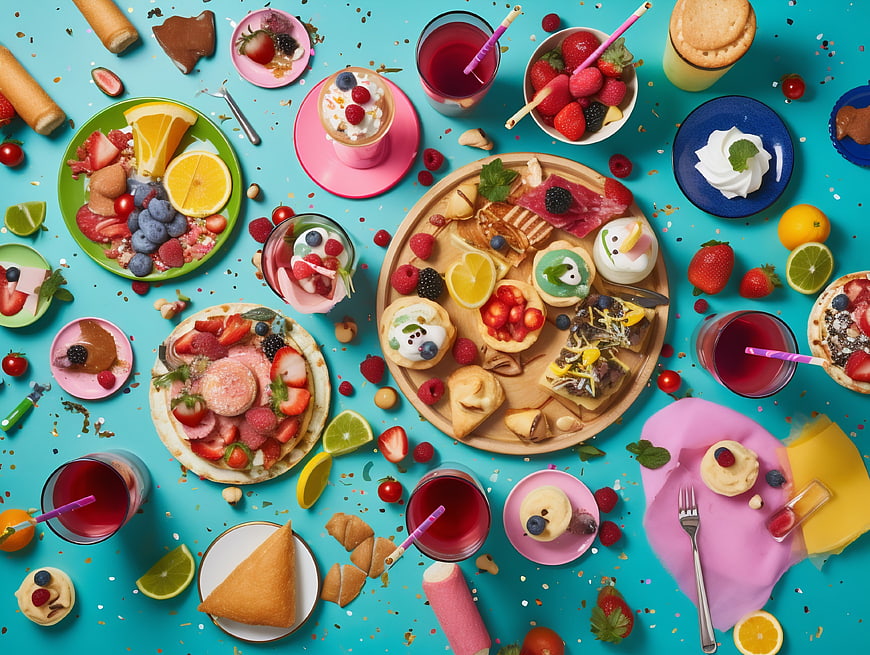 Colorful Birthday Party Food Flat Lay on Blue Background