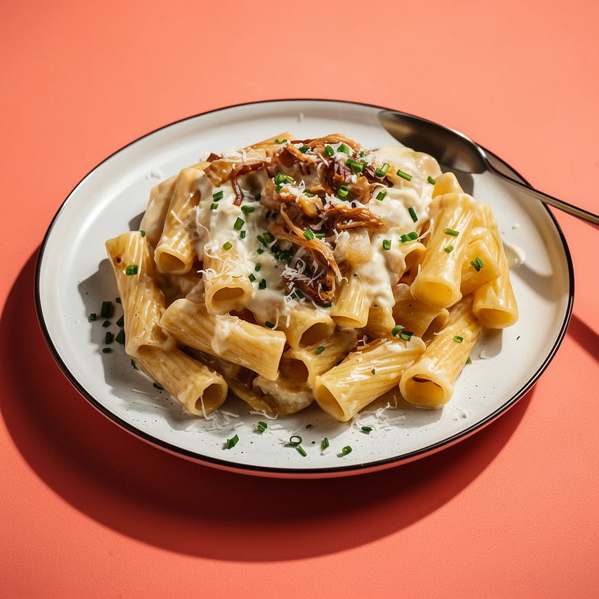 Creamy Rigatoni Pasta with Chives on Coral Background