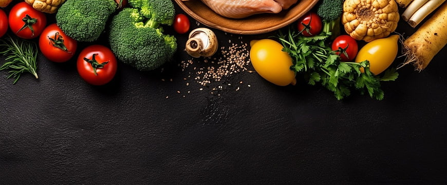 Fresh Vegetables and Chicken Ingredients on Dark Background
