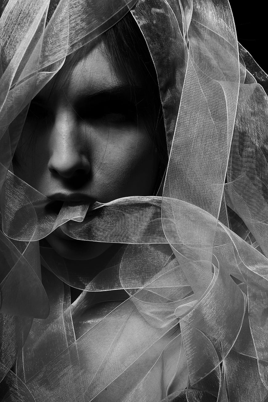 Dramatic Black and White Portrait of Woman in Veil