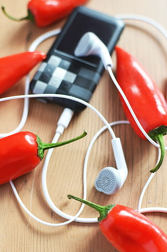 Red Chili Peppers and MP3 Player with White Earphones