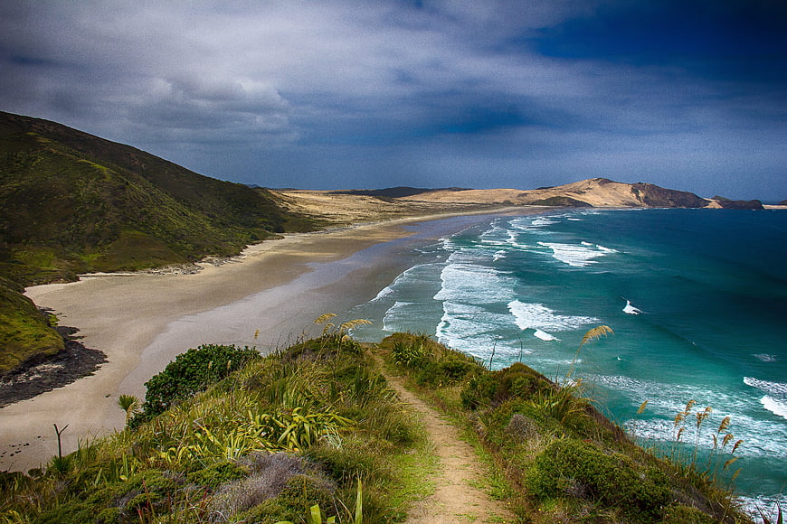 Scenic coastal path overlooking sandy beach and turquoise ocean waves