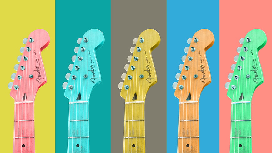 Colorful Fender Stratocaster Guitar Headstocks on Vibrant Backgrounds