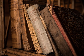 Vintage antique books on a wooden shelf close up