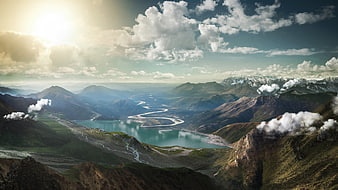 Surreal Aerial View of Turquoise Mountain Lake and Winding River