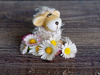 Cute handmade wooden sheep figurine with white daisies on rustic wood