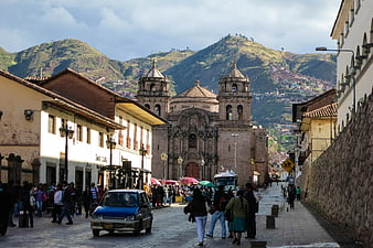 Cusco Cathedral Plaza de Armas Street Scene with Mountains