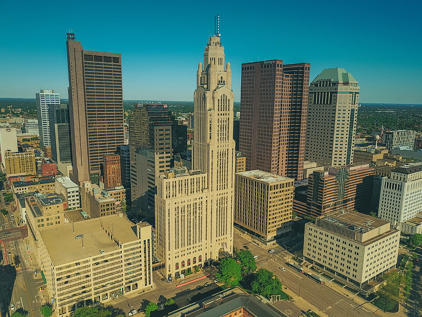 Aerial View of Columbus Ohio Skyline with LeVeque Tower