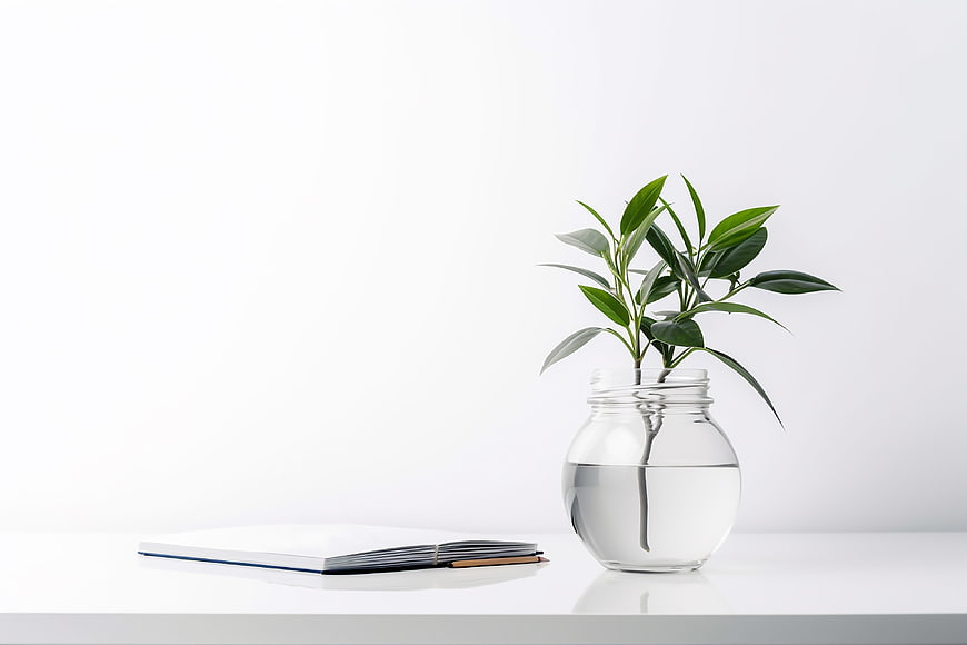 Minimalist white desk with green plant in glass vase and notebook
