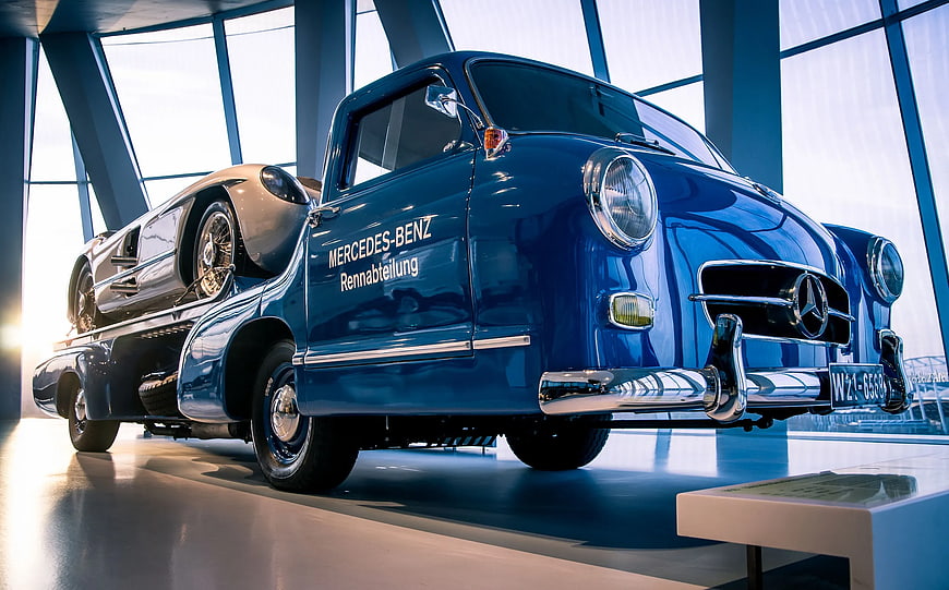 Vintage Blue Mercedes-Benz Tow Truck with Silver Sports Car