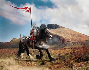Medieval Knight on Armored Horse in Mountainous Landscape