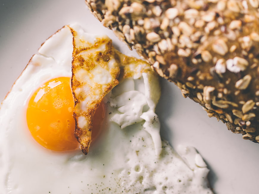 Close-up of fried egg and seeded toast on white plate