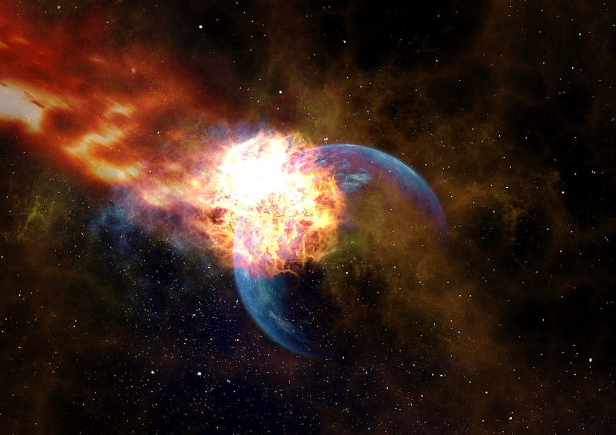 Dramatic Meteor Impact On Blue Planet In Deep Space