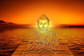 Buddha Line Art Overlay on Orange Sunset Lake Meditation Background