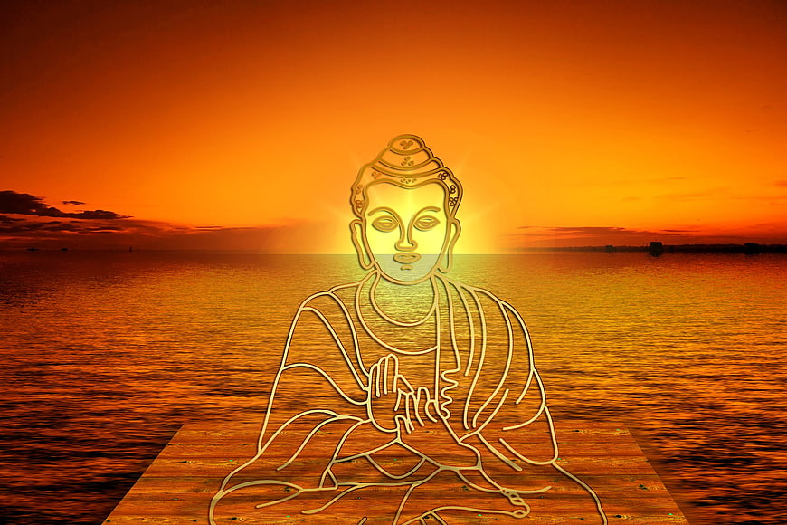 Buddha Line Art Overlay on Orange Sunset Lake Meditation Background