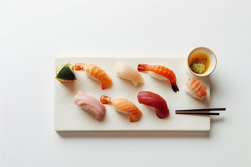 Assorted nigiri sushi platter with soy sauce and chopsticks
