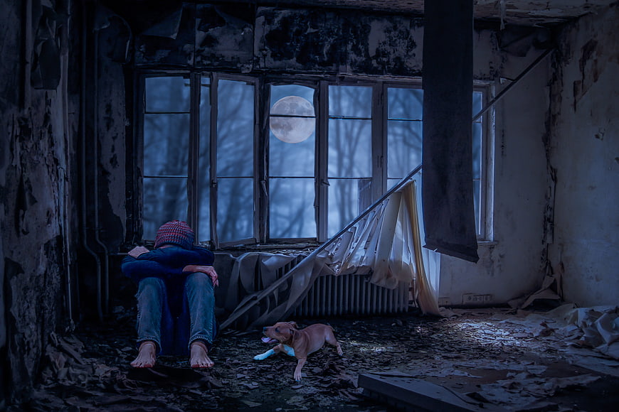 Lonely Teenager Sitting in Abandoned Room with Dog Under Moonlight
