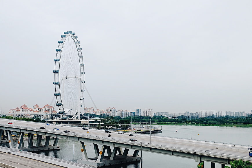 Singapore Flyer Ferris Wheel and Bridge Over River