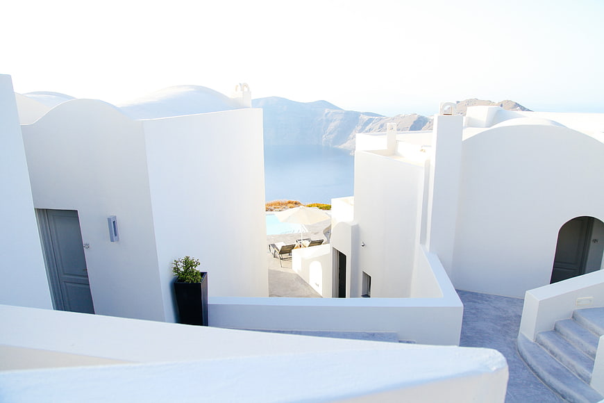 White Cycladic Architecture in Santorini with Sea View