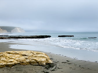 Misty coastal landscape with rocky beach and ocean waves