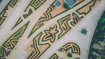 Aerial View of Geometric Garden Patterns and Landscaping