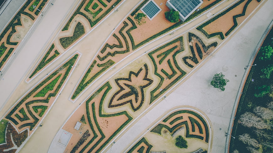 Aerial View of Geometric Garden Patterns and Landscaping