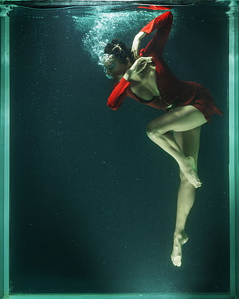 Underwater Portrait of Woman in Red Dress