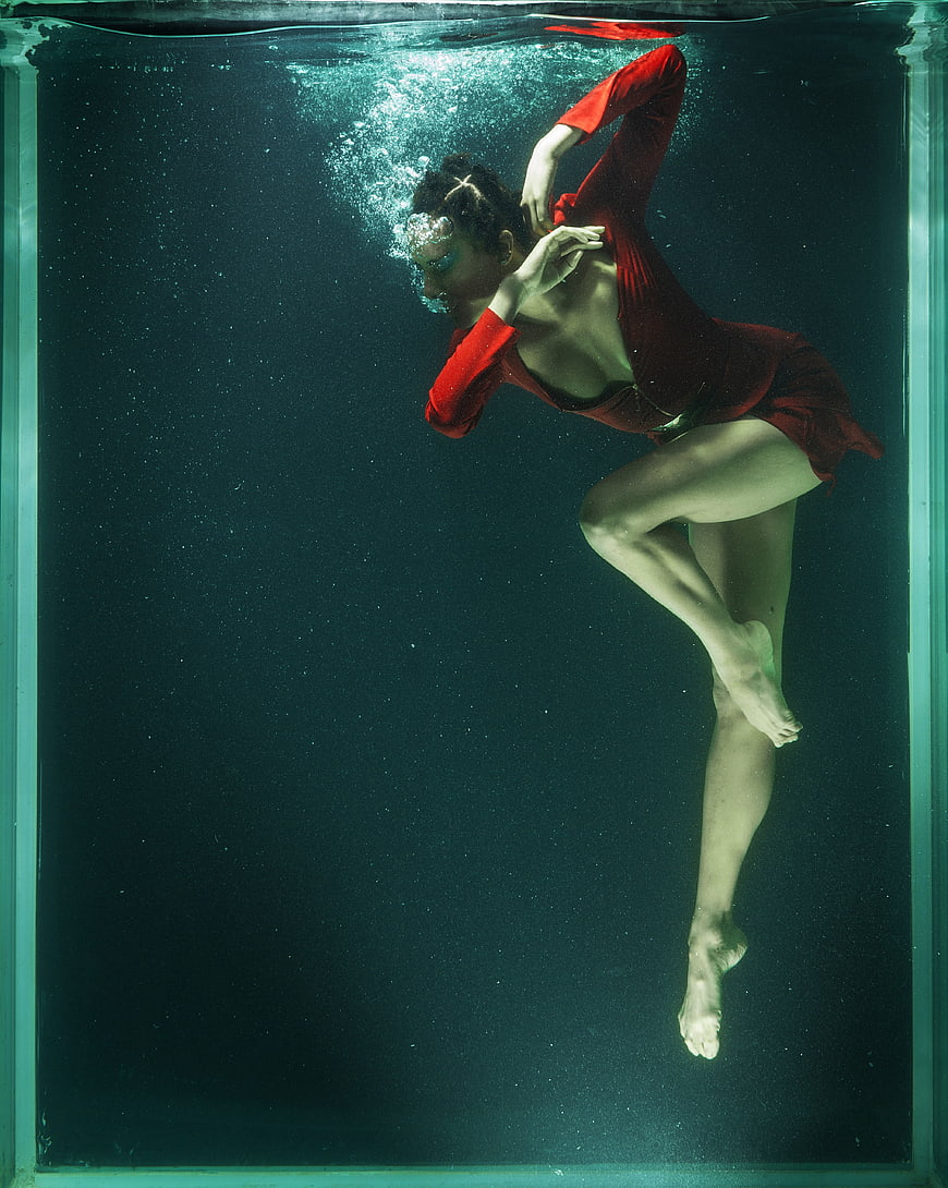 Underwater Portrait of Woman in Red Dress