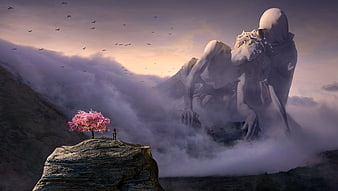 Surreal fantasy landscape with giant stone statue and pink tree