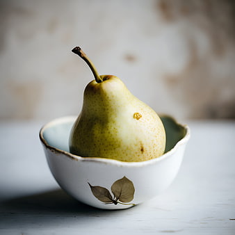 Fresh green pear in a rustic ceramic bowl