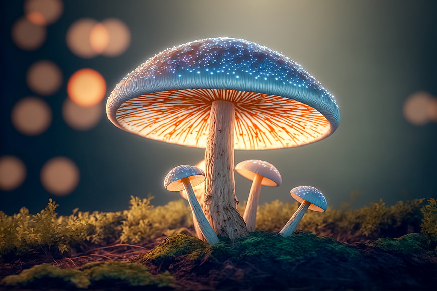 Magical Glowing Blue Mushroom in Enchanted Forest