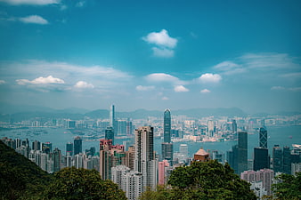 Hong Kong Cityscape View From Victoria Peak With Skyline And Water