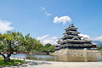 Matsumoto Castle in Japan with moat and blue sky
