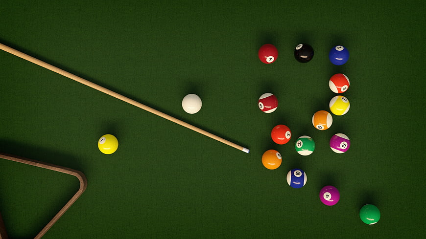 Top View of Pool Balls and Cue Stick on Green Table