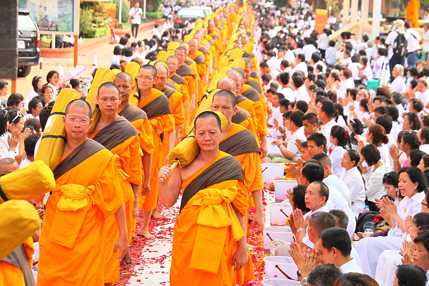 Buddhist Monks Alms Round Ceremony with Devotees