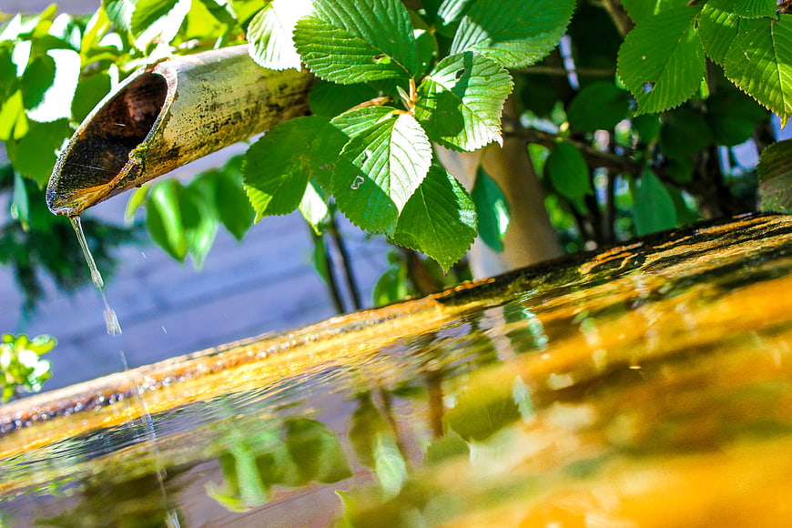 Bamboo water spout dripping into a stone basin