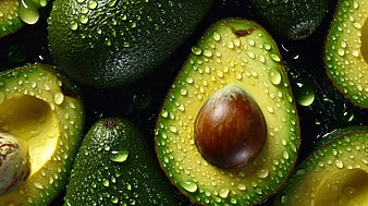 Fresh Avocados with Water Drops on Black Background